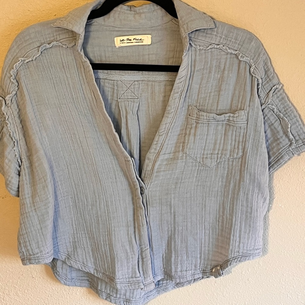 WE THE FREE blue button up crop top